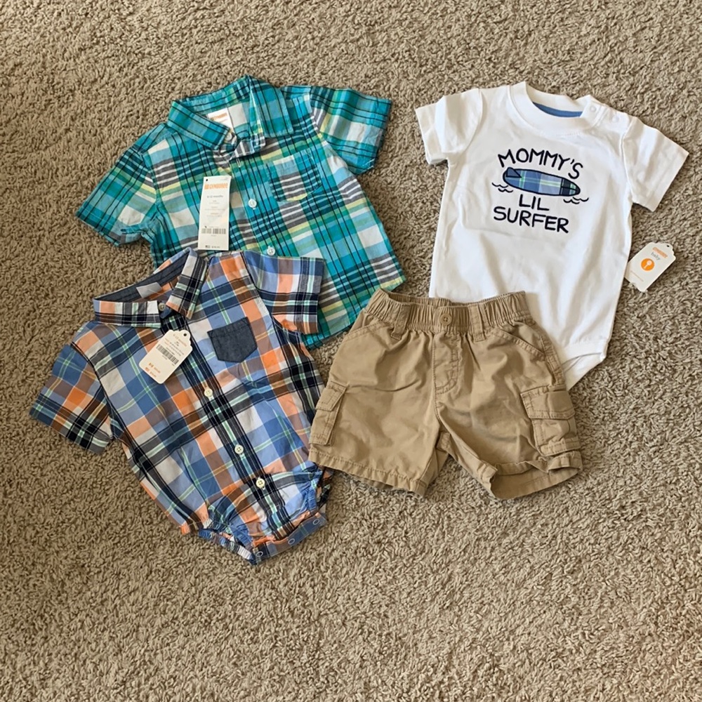 Gymboree Baby Boy’s Khaki Shorts plus (3) Tops Button Down